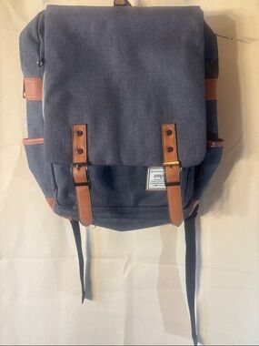Navy Canvas Backpack with Tan Faux-Leather Accents 0057